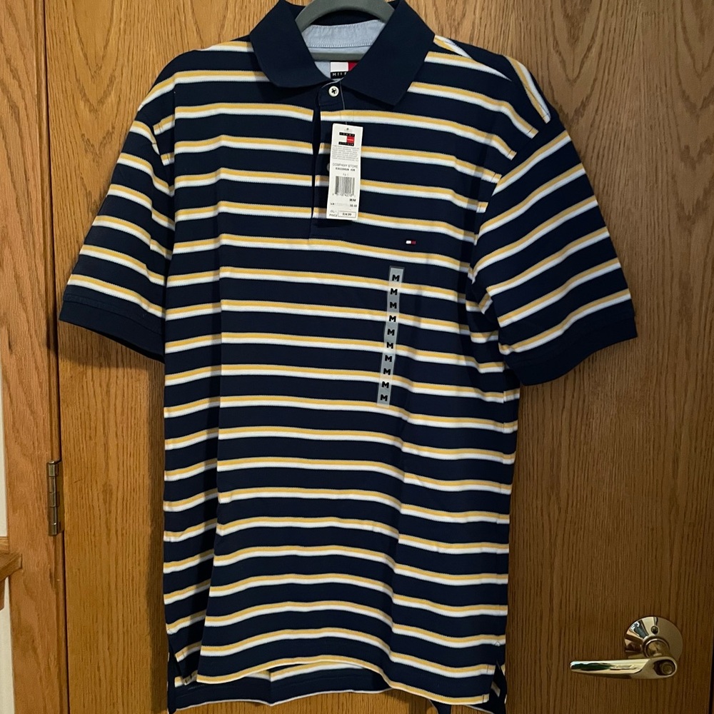 Men’s Tommy Hilfiger Striped Polo T-Shirt, Navy Blue & Yellow, Size: Medium